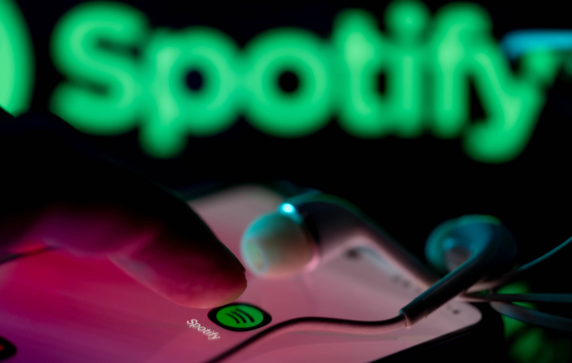 Spotify logo displayed on a smart phone with Spotify seen on screen, in this photo illustration, on 15 August 2023 Brussels, Belgium. (Photo Illustration by Jonathan Raa/NurPhoto via Getty Images)