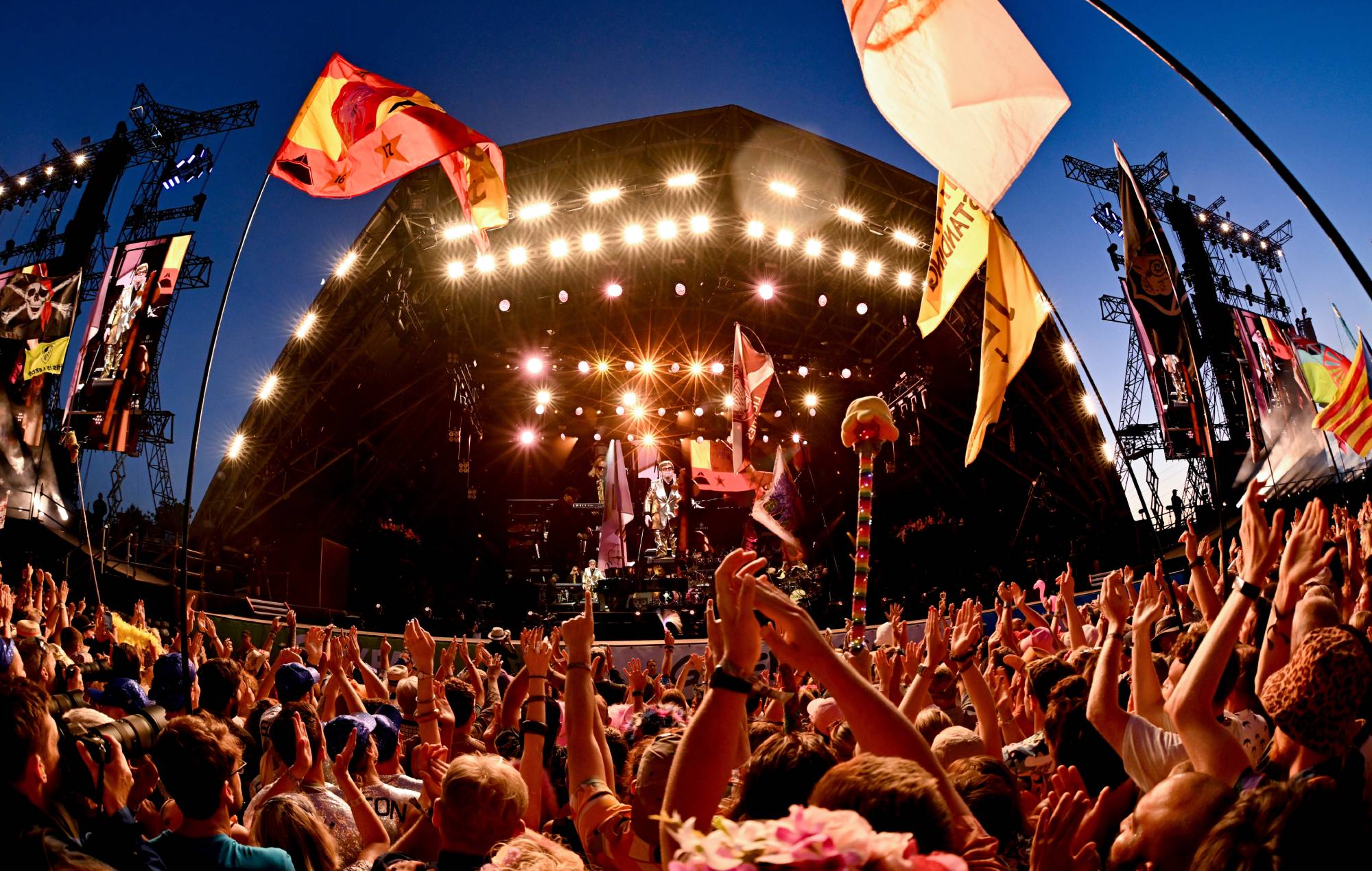 Sir Elton John performs on stage during Day 5 of Glastonbury Festival 2023 on June 25, 2023 in Glastonbury, England. (Photo by Harry Durrant/Getty Images)