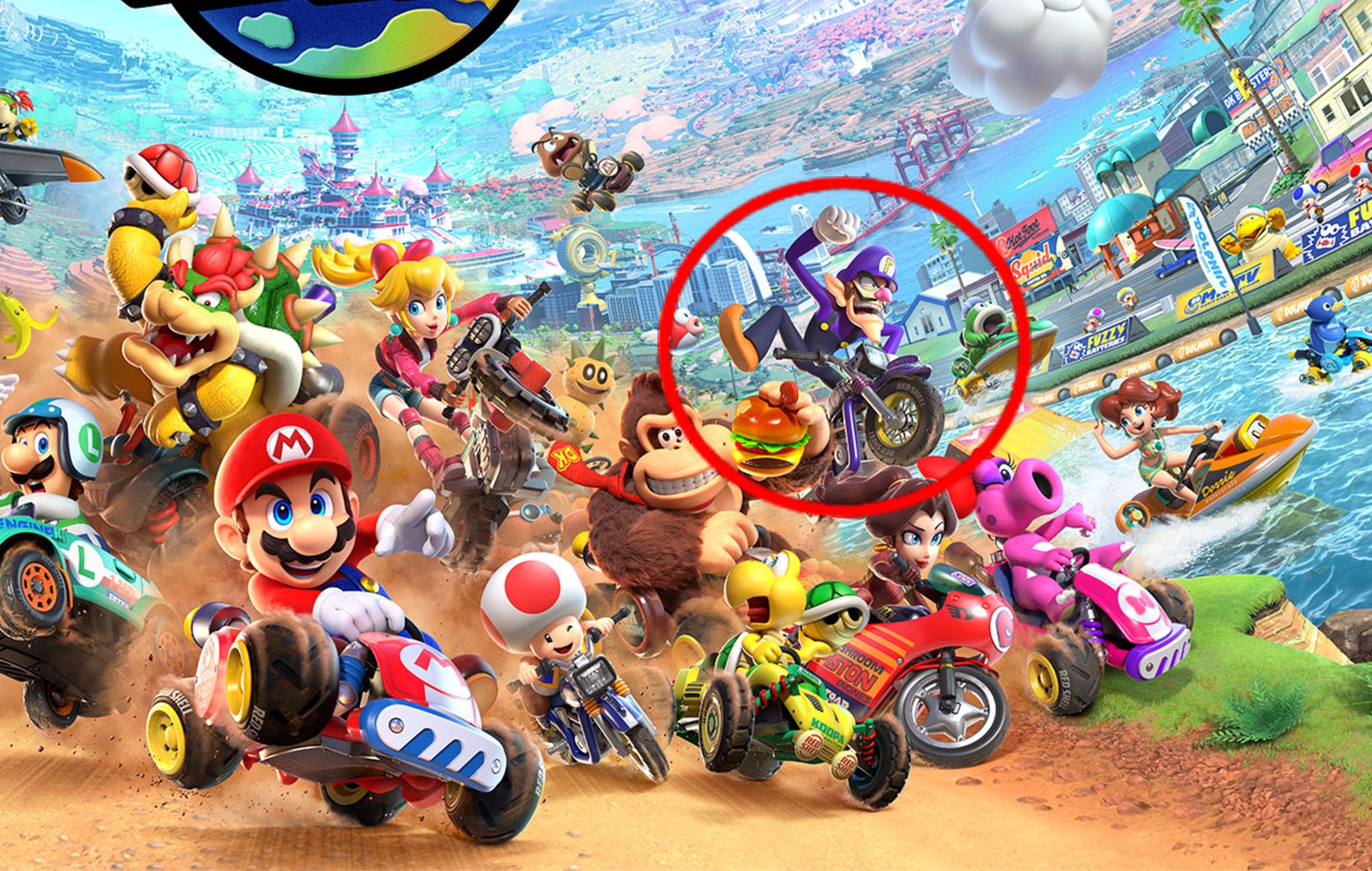 Mario Kart World Characters: Waluigi can be seen