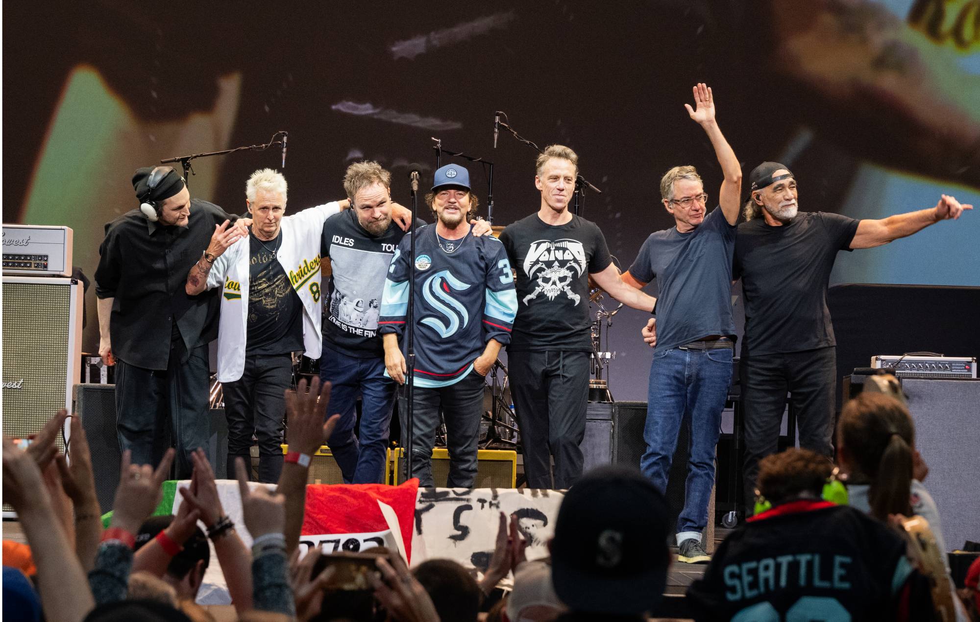 Josh Klinghoffer, Mike McCready, Jeff Ament, Eddie Vedder, Matt Cameron, Stone Gossard and Boom Gaspar of Pearl Jam at Climate Pledge Arena on May 28, 2024 in Seattle, Washington. (Photo by Jim Bennett/Getty Images)