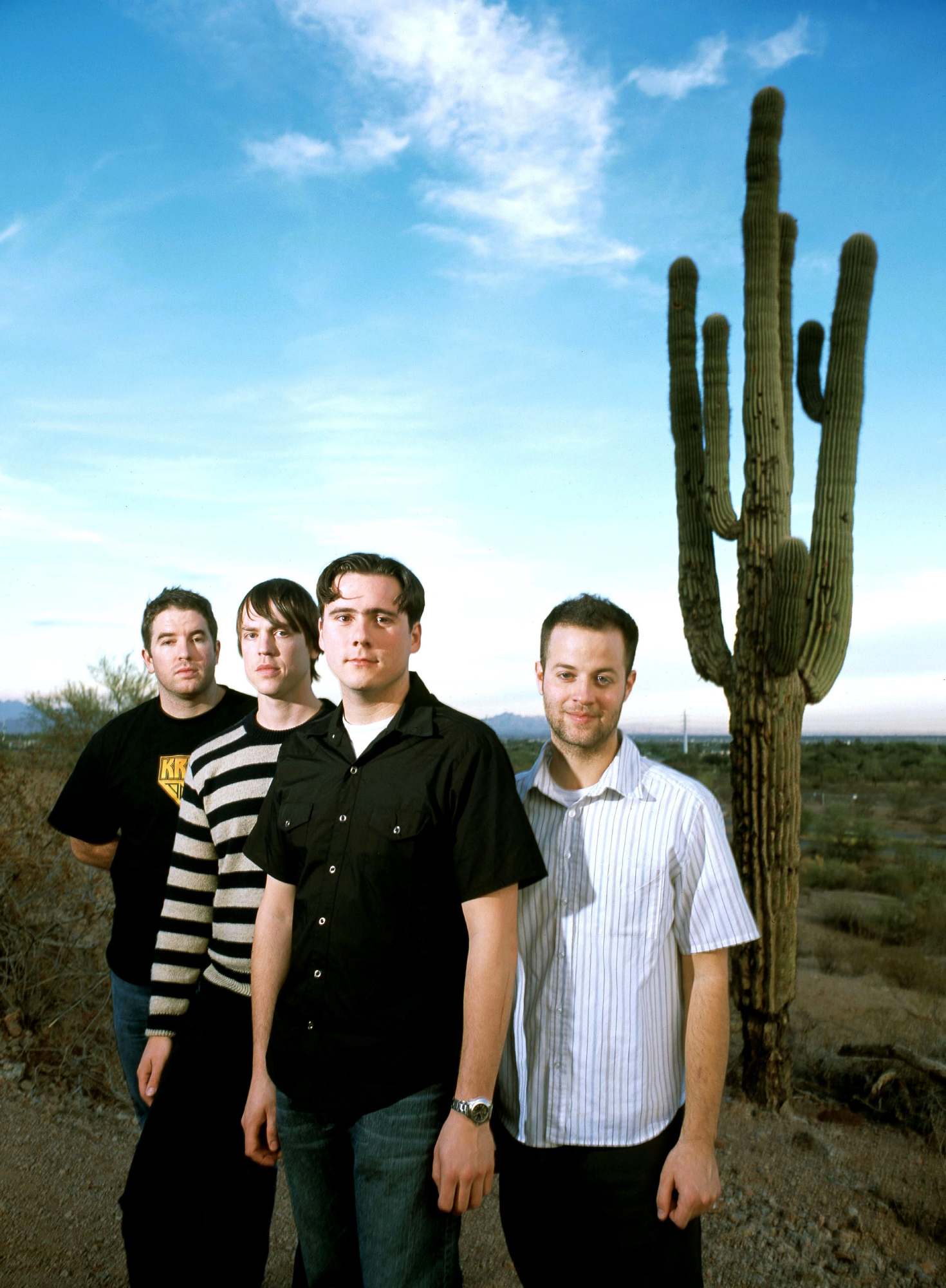 Jim Adkins, Rick Burch, Zac Lind, Tom Linton of Jimmy Eat World, 2001. (Photo by Martyn Goodacre/Getty Images)