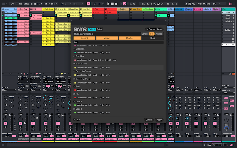 RNMR uses track name, content, duration, and automatic versioning to rename clips – or just roll the dice for a random name. Created by Stéphane Roulliere.